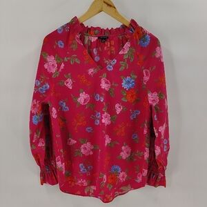 Ann Taylor Blouse Medium Floral Long Sleeve Smock Cuff V-neck Dark Pink